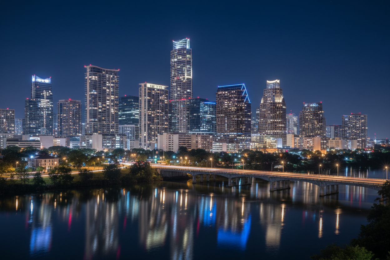 make an image of downtown austin at night time w lights all on the building and the bridge acroos austin